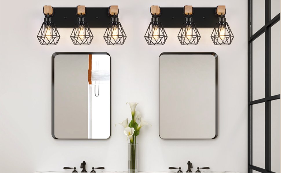 3-Light Farmhouse Wood Black Bathroom Vanity Lighting with Metal Lampshade