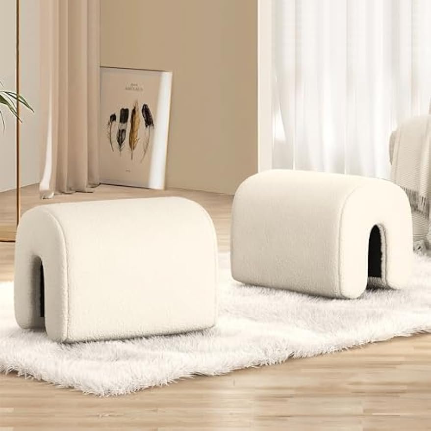 2PCS Lamb Wool Ottoman, Small U-Shaped Foot Stools, Beige Single Sofa Resting Foot Rest Stool, Vanity Chair Bench for Bedroom End, Makeup Desk,Entryway, Living Room（18.11″*14.17″*15.55″）