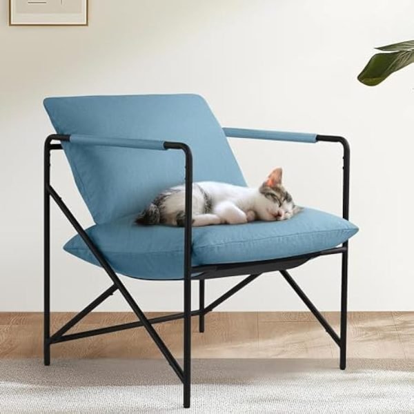 Sling Accent Chair Living Room Chairs, Reading Chair Metal Framed Armchair for Bedroom, Modern Comfy Sling Chair with Shredded Foam Soft Upholstered Single Sofa 300lbs Max(Blue)