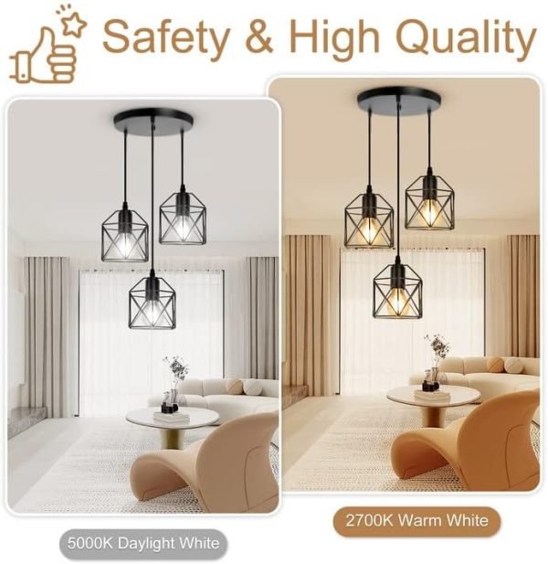 CANMEIJIA 3-Light Pendant Light Fixtures, Farmhouse Kitchen Island Light Fixture, Industrial Hanging Pendant Lighting for Dining Room Bedroom, Black Metal Cage Pendant, E26 Base, Bulbs Not Included