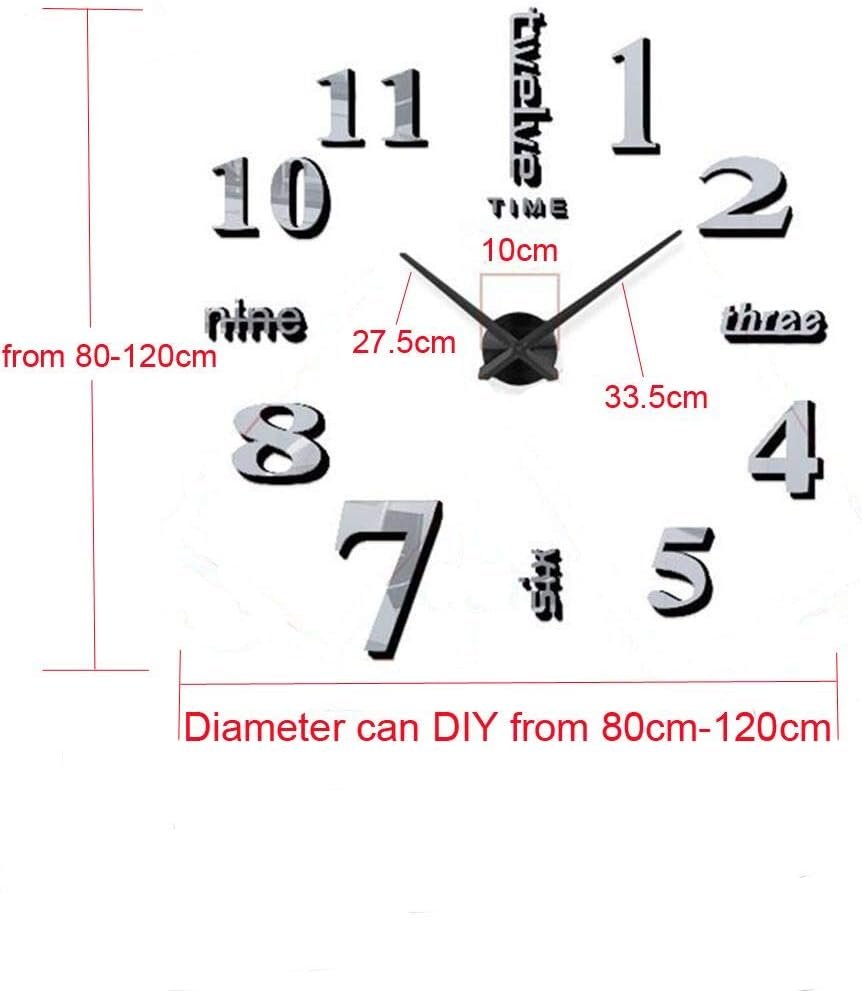 Large 3D DIY Wall Clock Frameless Mirror Surface Big Wall Clock Home Decoration for Living Room Bedroom Home Office Kids Room Hotel Coffee Hall Bar Wall Decoration