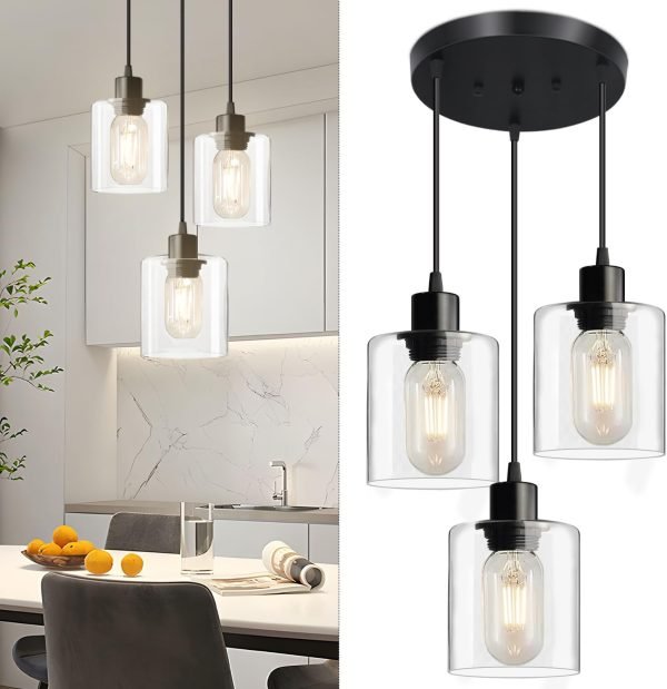 3-Lights Pendant Light Fixture, Hanging Light Fixture Kitchen Island,Black Pendant Lighting for Kitchen Bedroom Hallway, Dining Room Light Fixtures, E26 Base,Clear Glass Shade