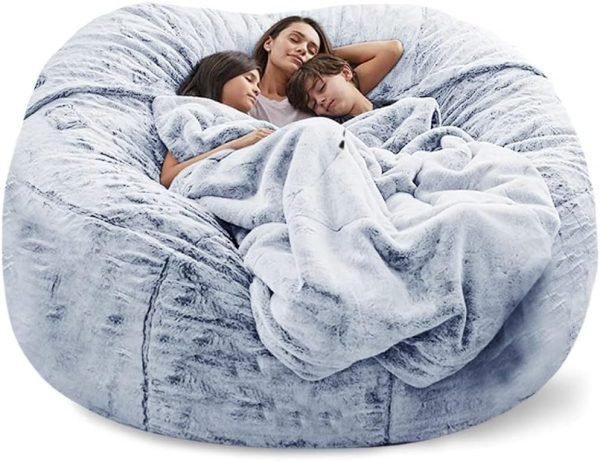 Giant Fur Bean Bag Chair Cover for Kids Adults, (No Filler) Living Room Furniture Big Round Soft Fluffy Faux Fur Beanbag Lazy Sofa Bed Cover (Light Grey, 5FT)