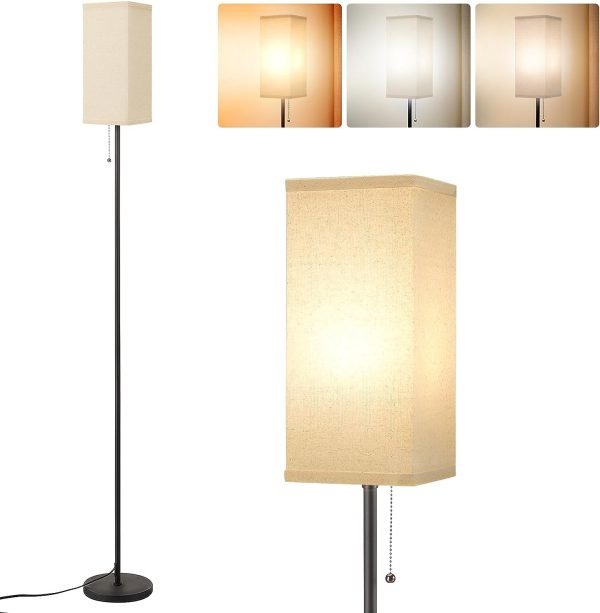 Tall Floor Lamp with Linen Shade – 3 Color Temperature, Black, LED Bulbs, Pull Chain Switch, Easy Assembly