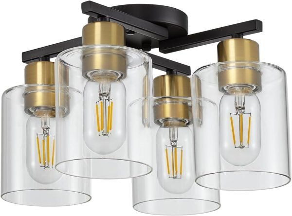 4 Light Semi Flush Mount Ceiling Lights, Modern Brushed Nickel Ceiling Light Fixtures, Light Fixtures Ceiling Mount with Clear Glass Shade for Kitchen, Dining Room, Farmhouse, Foyer, Bedroom