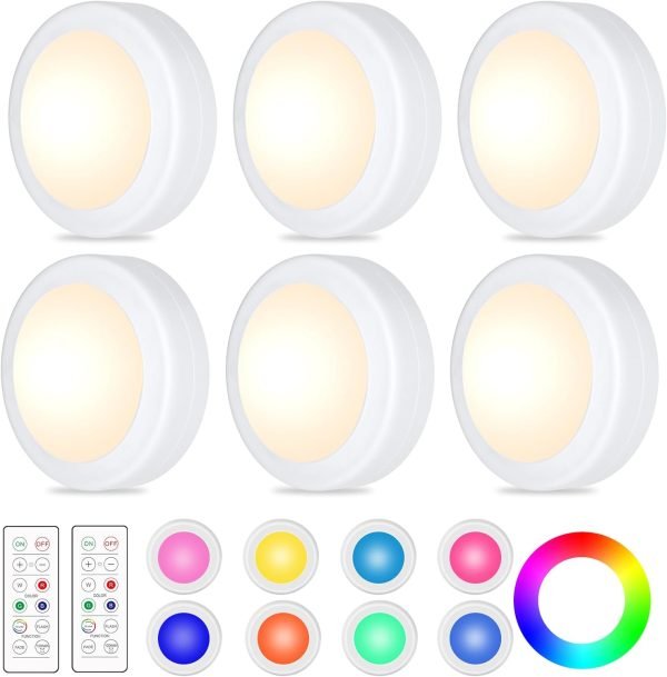 Yiliaw 12 Pack LED Puck Lights Remote Control 16 Color Changeable Under Cabinet Lights, Battery Operated Lights Night Light with Dimmer & Timmer for Closet Bedroom Kitchen, White