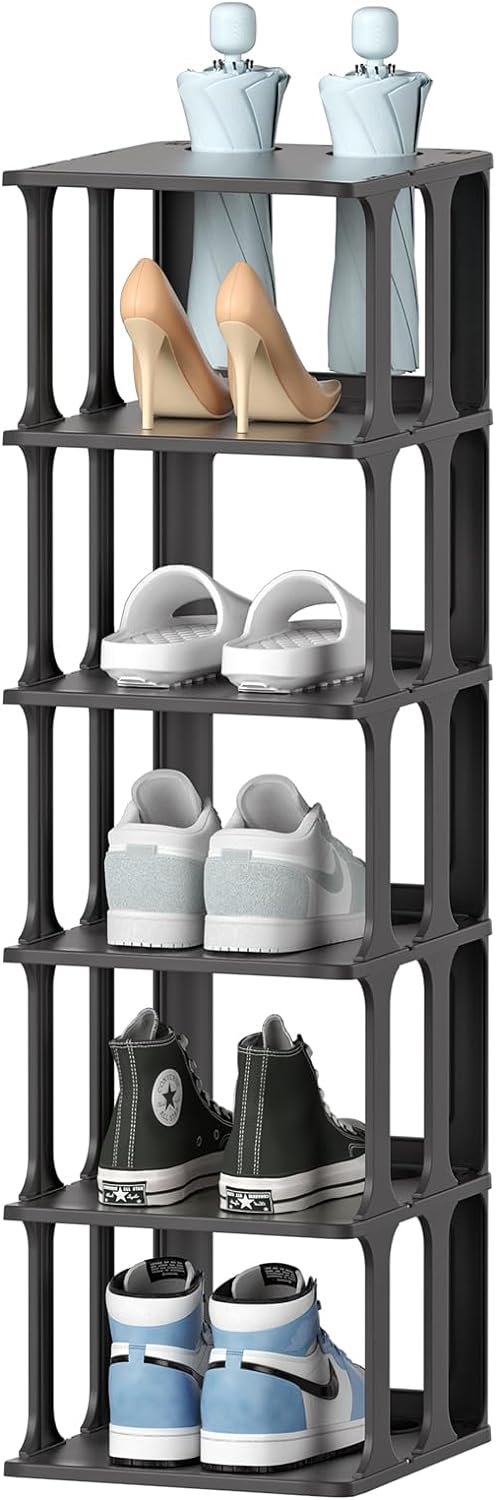 6 Tier Narrow Shoe Rack, Small Stackable Shoe Stand, Space Saving Furniture Shoe Storage Organizer for Entryway, Closet, Vertical Shoe Tower Rack