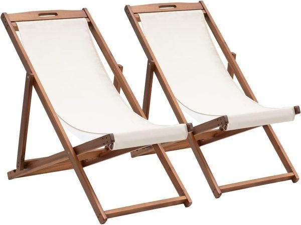 Patio Lounge Chair Outdoor Beach Chair Set of 2, Beach Sling Chair Patio Chairs Set of 2 , Wooden Folding Outdoor Chairs for Outside, 3 Level Height Adjustable, Portable Reclining Beach Chair