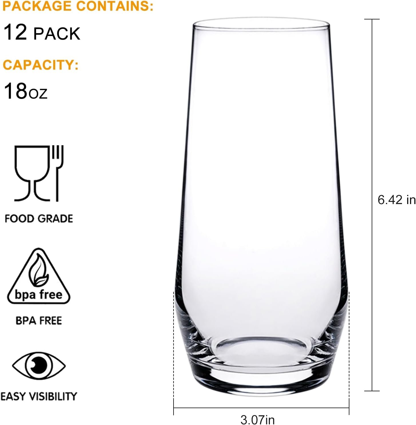 61R5n_8FImL._AC_SL1500 18oz Drinking Glasses, Highball Glasses Set of 12,Sutiable for Glasses for Wine, Iced Tea Glasses,Mojito Kit,Cocktails, Drinks, Office, Parties, Weddings and Gifts