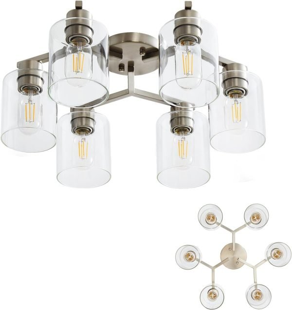 4 Light Semi Flush Mount Ceiling Lights, Modern Brushed Nickel Ceiling Light Fixtures, Light Fixtures Ceiling Mount with Clear Glass Shade for Kitchen, Dining Room, Farmhouse, Foyer, Bedroom