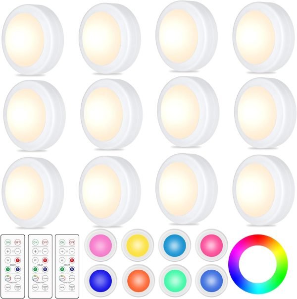 Yiliaw 12 Pack LED Puck Lights Remote Control 16 Color Changeable Under Cabinet Lights, Battery Operated Lights Night Light with Dimmer & Timmer for Closet Bedroom Kitchen, White