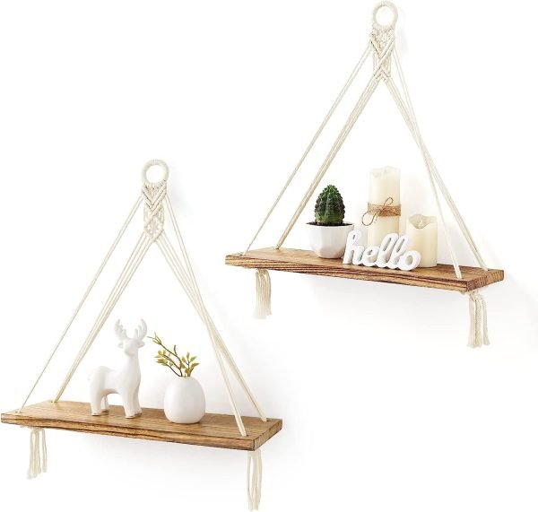 Mkono Macrame Hanging Shelves Boho Wall Decor Set of 2 Rustic Wood Floating Storage Shelf for Bedroom Bathroom Living Room Nursery Dorm Room, Display Shelving for Hanging Plants Photos