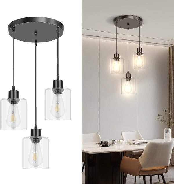 CANMEIJIA 3-Light Pendant Light Fixtures, Farmhouse Kitchen Island Light Fixture, Industrial Hanging Pendant Lighting for Dining Room Bedroom, Black Metal Cage Pendant, E26 Base, Bulbs Not Included