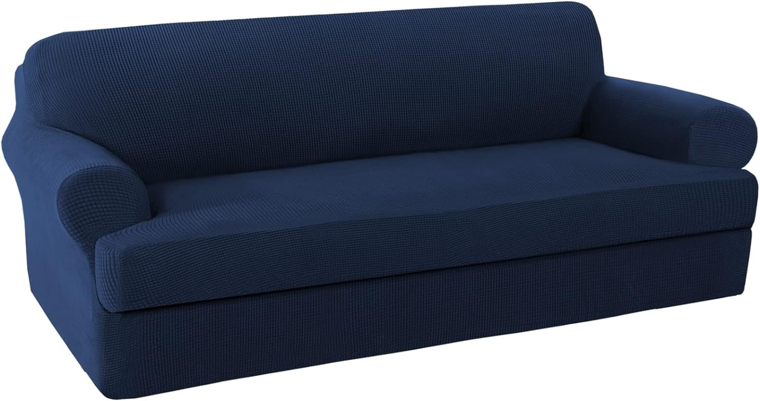 H.VERSAILTEX High Stretch Jacquard 2 Pieces Sofa Cover Couch Cover Furniture Sofa Slip Covers for Living Room, Polyester Spandex Jacquard Fabric Suit for T Cushion/Box Cushion (Sofa 72″-88″, Navy)