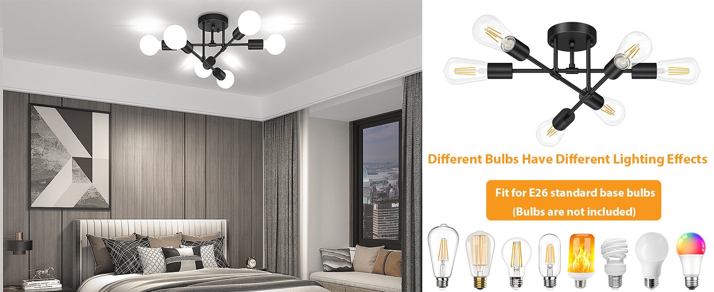 Black Modern Sputnik Chandelier For Bedroom with E26 Base