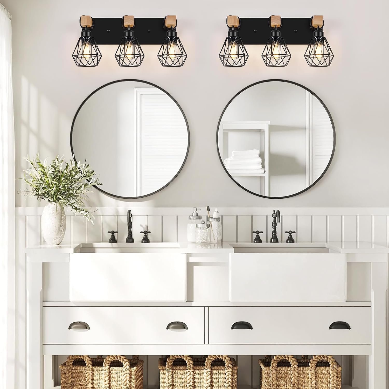 Light Farmhouse Bathroom Vanity Light Fixtures, Wood Bathroom Lighting Over Mirror, Black Vanity Lights with Metal Lampshade, Vintage Wall Light Fixtures for Bedroom, Living Room, Hallway