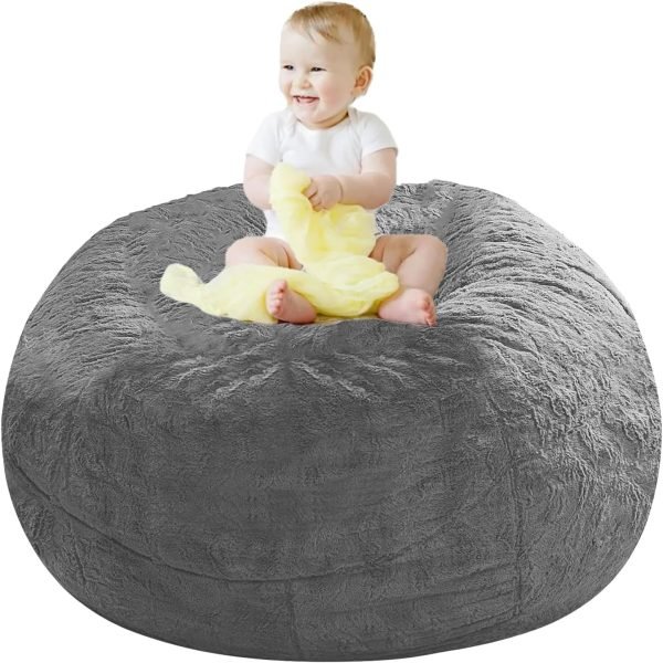 Giant Fur Bean Bag Chair Cover for Kids Adults, (No Filler) Living Room Furniture Big Round Soft Fluffy Faux Fur Beanbag Lazy Sofa Bed Cover (Light Grey, 5FT)