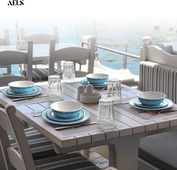 AELS Melamine Dinnerware Set of 12 Pcs Dinner Dishes Set for Indoor and Outdoor Use, Dishwasher Safe, Lightweight Unbreakable, BPA Free, Light Blue