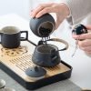 Asian tea set |Kungfu tea sets |Ceramic Portable tea set |tea sets for adult |13-piece withgrey leather case |Tea set gift for Home, Outdoor, Business (Ceramic-Black teaset)