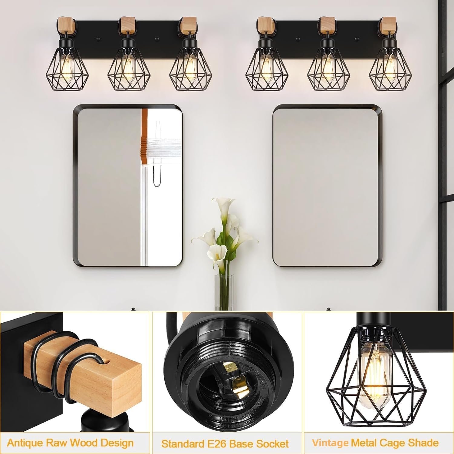 Light Farmhouse Bathroom Vanity Light Fixtures, Wood Bathroom Lighting Over Mirror, Black Vanity Lights with Metal Lampshade, Vintage Wall Light Fixtures for Bedroom, Living Room, Hallway