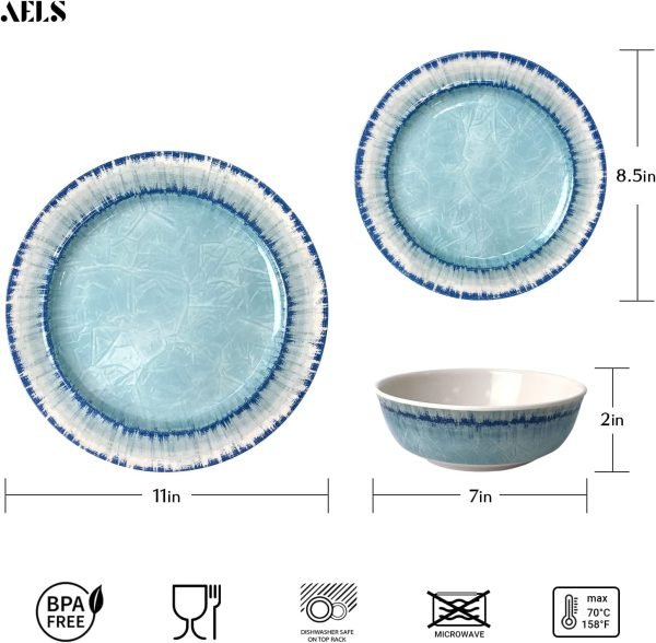 AELS Melamine Dinnerware Set of 12 Pcs Dinner Dishes Set for Indoor and Outdoor Use, Dishwasher Safe, Lightweight Unbreakable, BPA Free, Light Blue