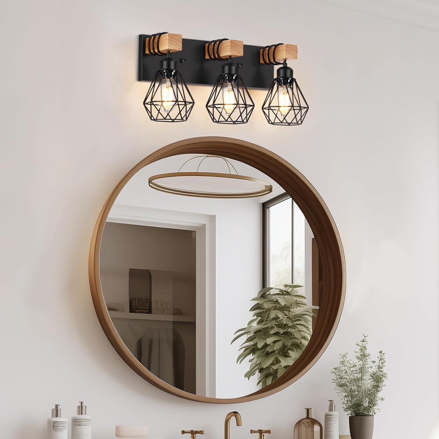 Light Farmhouse Bathroom Vanity Light Fixtures, Wood Bathroom Lighting Over Mirror, Black Vanity Lights with Metal Lampshade, Vintage Wall Light Fixtures for Bedroom, Living Room, Hallway