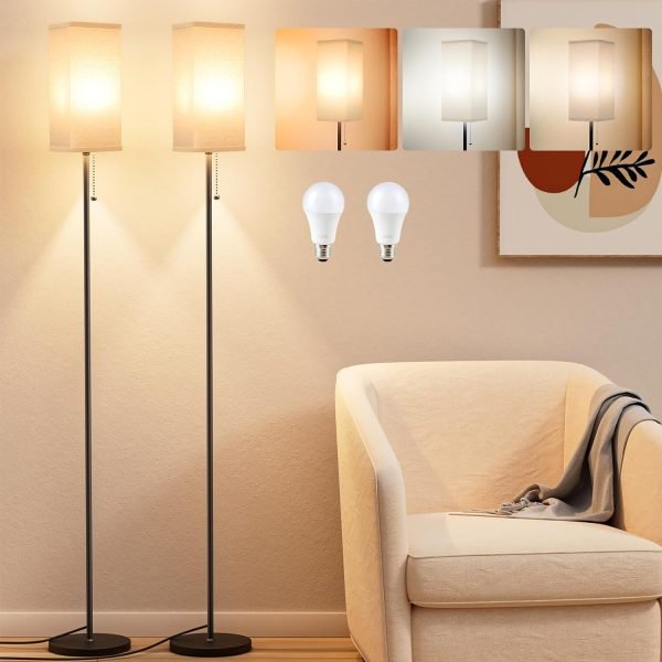 Tall Floor Lamp with Linen Shade – 3 Color Temperature, Black, LED Bulbs, Pull Chain Switch, Easy Assembly