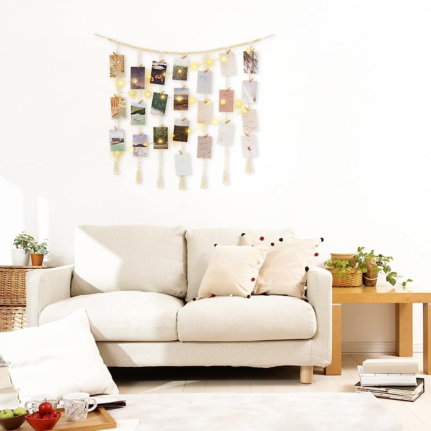 71G-iJP2BHL._AC_SL1500 Mkono Macrame Hanging Photo Display Wall Decor with String Lights, Boho Wooden Beads Garland Collage Picture Card Frame Holder with 45 Clips for Bedroom Living Room Dorm, Teen Girl Teenage Gifts