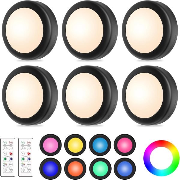 Yiliaw 12 Pack LED Puck Lights Remote Control 16 Color Changeable Under Cabinet Lights, Battery Operated Lights Night Light with Dimmer & Timmer for Closet Bedroom Kitchen, White