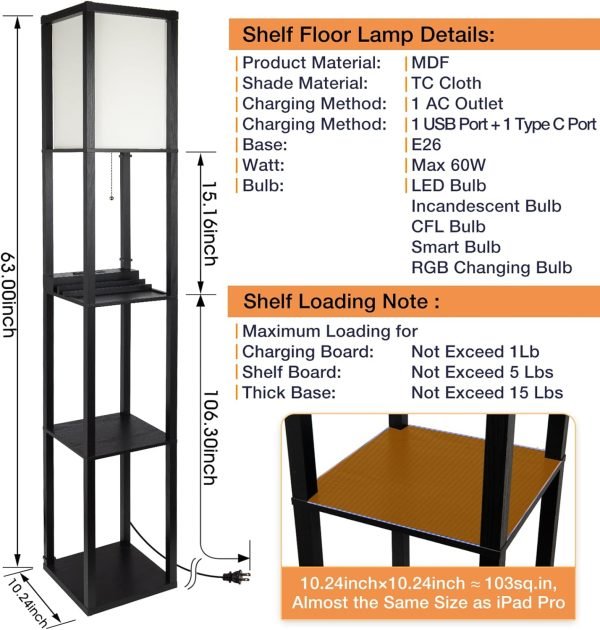 SHINE HAI 3-in-1 Shelf Floor Lamp with 1 USB&Type C&1 AC Outlet, 3-Tiered LED Shelf Lamp, Shelf & Storage Floor Lamp Combination Modern Standing Light