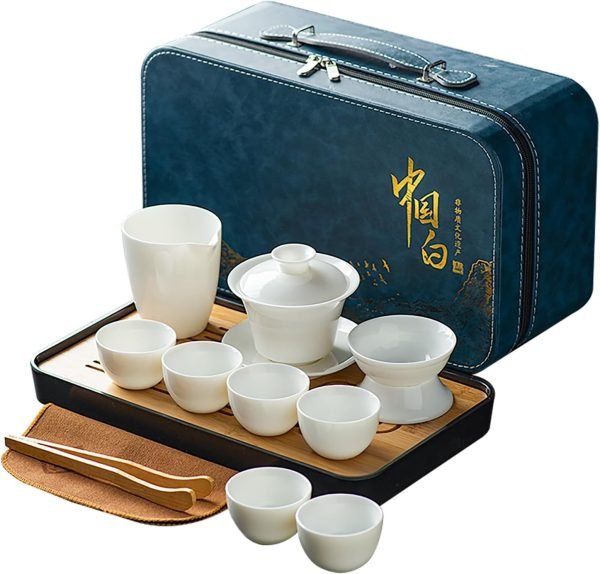 Asian tea set |Kungfu tea sets |Ceramic Portable tea set |tea sets for adult |13-piece withgrey leather case |Tea set gift for Home, Outdoor, Business (Ceramic-Black teaset)