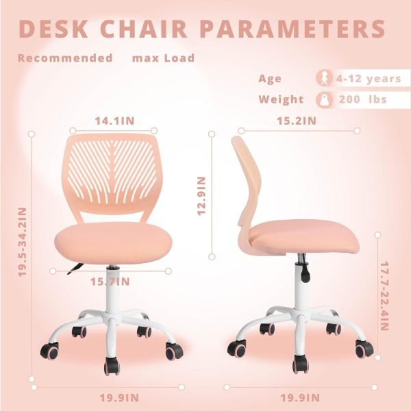 FurnitureR Teens Girls Task Chair 360 Swivel, Low Mid PP Mesh Back Fabric Seat, Height Adjustable, Rolling Castor, W15.7inces x D15.2inces x H29.5-34.2inches (Rose)