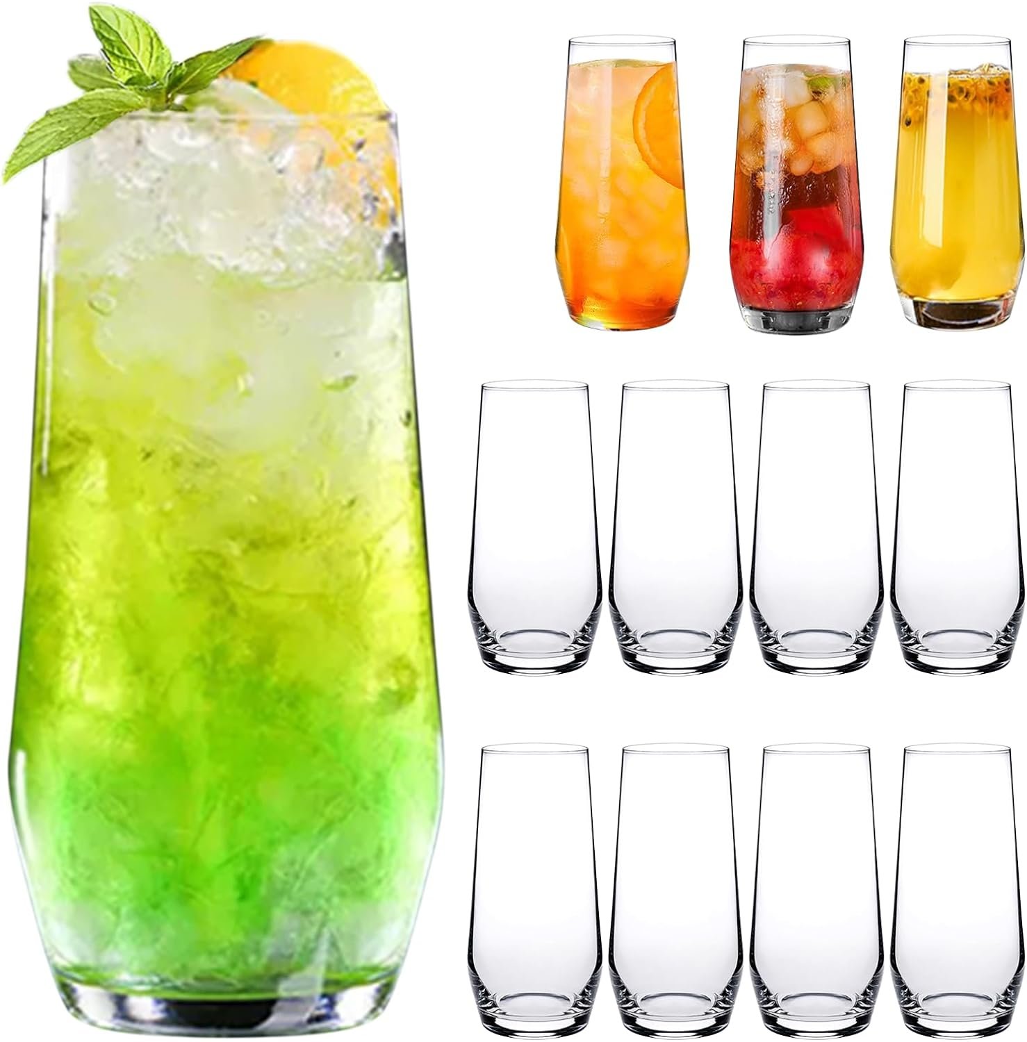 18oz Drinking Glasses, Highball Glasses Set of 12,Sutiable for Glasses for Wine, Iced Tea Glasses,Mojito Kit,Cocktails, Drinks, Office, Parties, Weddings and Gifts