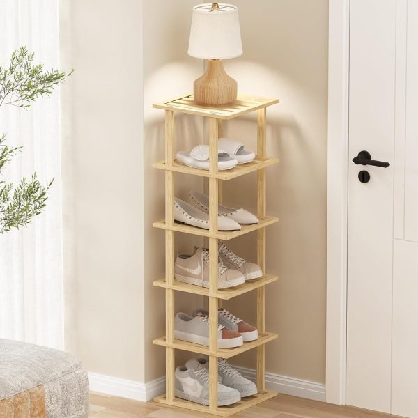 6 Tier Narrow Shoe Rack, Small Stackable Shoe Stand, Space Saving Furniture Shoe Storage Organizer for Entryway, Closet, Vertical Shoe Tower Rack