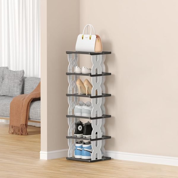 6 Tier Narrow Shoe Rack, Small Stackable Shoe Stand, Space Saving Furniture Shoe Storage Organizer for Entryway, Closet, Vertical Shoe Tower Rack