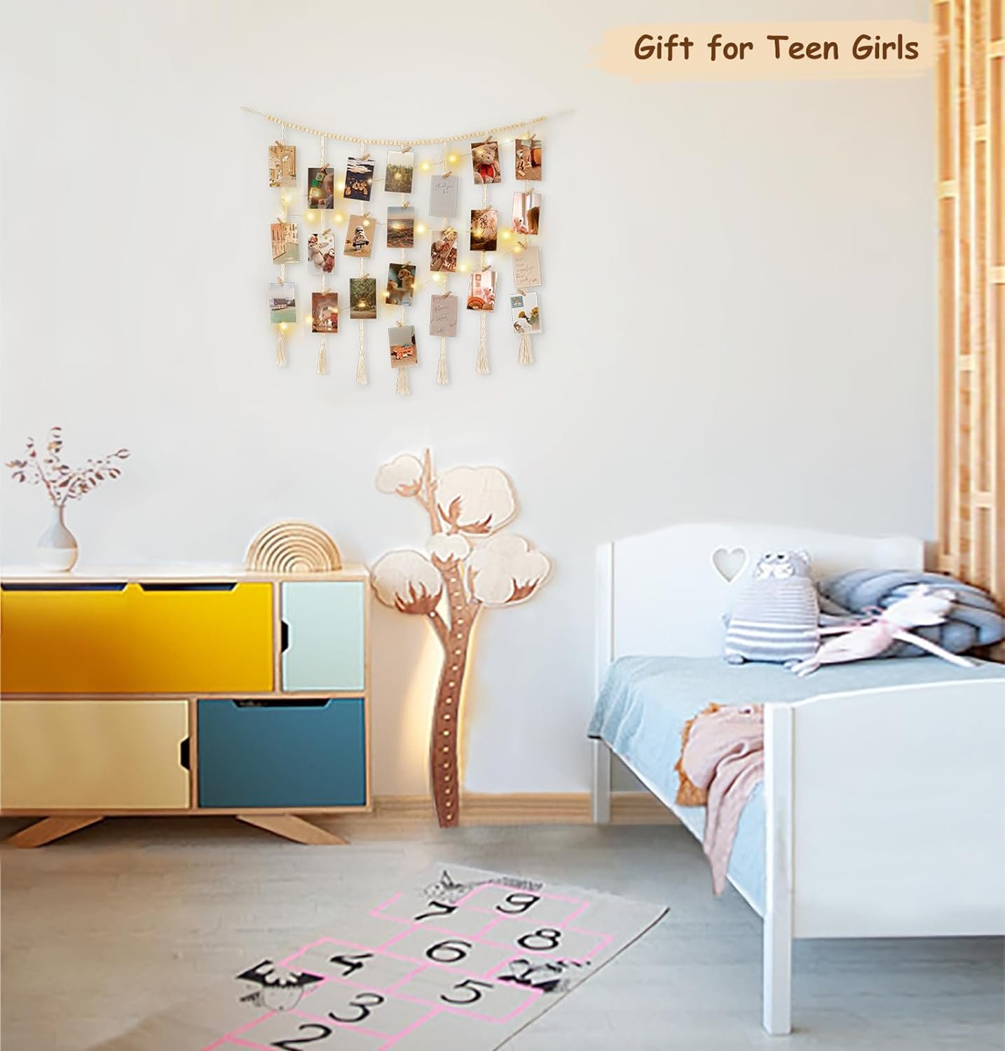 71TDM9L5FAL._AC_SL1500 Mkono Macrame Hanging Photo Display Wall Decor with String Lights, Boho Wooden Beads Garland Collage Picture Card Frame Holder with 45 Clips for Bedroom Living Room Dorm, Teen Girl Teenage Gifts