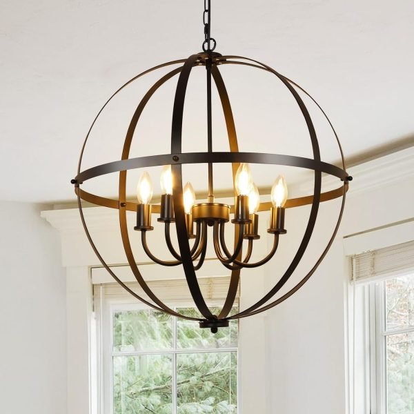 DLLT Vintage Pendant Hanging Light Fixtures, Flush Mount Ceiling Chandelier Lamp with Metal Spherical Shade for Kitchen, Dining Room, Living Room, Hallway, Entryway 3-Light, E12 Base-Matte Black