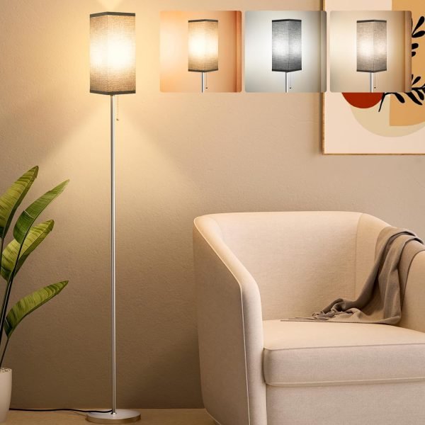 Tall Floor Lamp with Linen Shade – 3 Color Temperature, Black, LED Bulbs, Pull Chain Switch, Easy Assembly