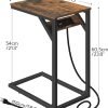 HOOBRO C Shaped End Table with Charging Station, Retro Sofa Couch Side Table, Narrow Nightstand for Small Space, Living Room, Bedroom, Rustic Brown and Black BF07USF01