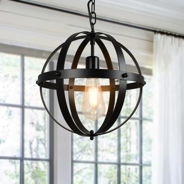 DLLT Vintage Pendant Hanging Light Fixtures, Flush Mount Ceiling Chandelier Lamp with Metal Spherical Shade for Kitchen, Dining Room, Living Room, Hallway, Entryway 3-Light, E12 Base-Matte Black