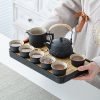 Asian tea set |Kungfu tea sets |Ceramic Portable tea set |tea sets for adult |13-piece withgrey leather case |Tea set gift for Home, Outdoor, Business (Ceramic-Black teaset)