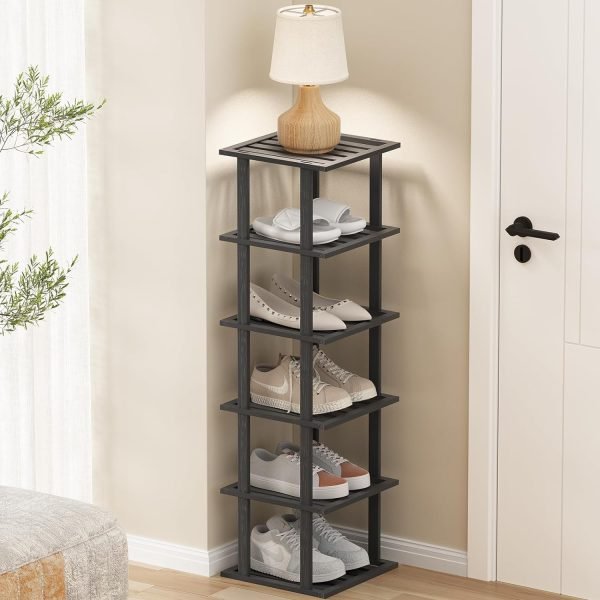 6 Tier Narrow Shoe Rack, Small Stackable Shoe Stand, Space Saving Furniture Shoe Storage Organizer for Entryway, Closet, Vertical Shoe Tower Rack