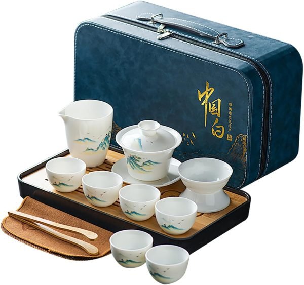 Asian tea set |Kungfu tea sets |Ceramic Portable tea set |tea sets for adult |13-piece withgrey leather case |Tea set gift for Home, Outdoor, Business (Ceramic-Black teaset)