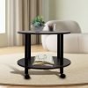 JIFULI Coffee Table with Rolling Base,Black Wooden End Table for Couch,2-Tier Coffee Tables for Living Room,Round