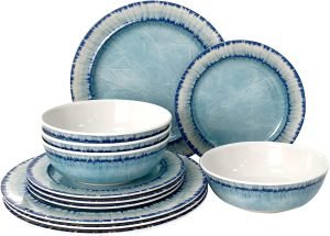 AELS Melamine Dinnerware Set of 12 Pcs Dinner Dishes Set for Indoor and Outdoor Use, Dishwasher Safe, Lightweight Unbreakable, BPA Free, Light Blue