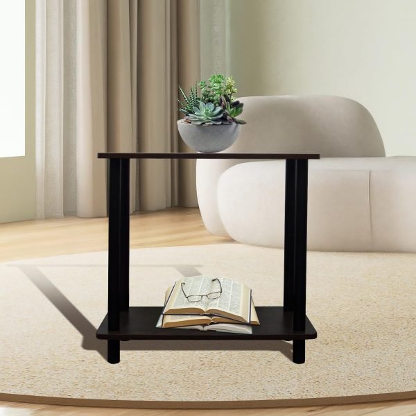 JIFULI Coffee Table with Rolling Base,Black Wooden End Table for Couch,2-Tier Coffee Tables for Living Room,Round