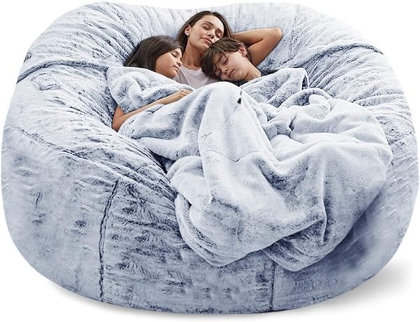 Giant Fur Bean Bag Chair Cover for Kids Adults, (No Filler) Living Room Furniture Big Round Soft Fluffy Faux Fur Beanbag Lazy Sofa Bed Cover (Light Grey, 5FT)