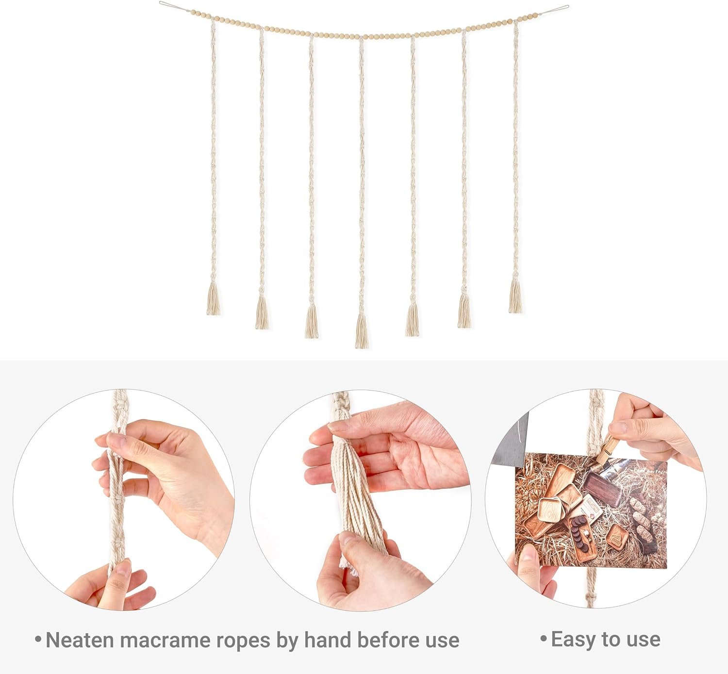 71hRG2wn5pL._AC_SL1500 Mkono Macrame Hanging Photo Display Wall Decor with String Lights, Boho Wooden Beads Garland Collage Picture Card Frame Holder with 45 Clips for Bedroom Living Room Dorm, Teen Girl Teenage Gifts