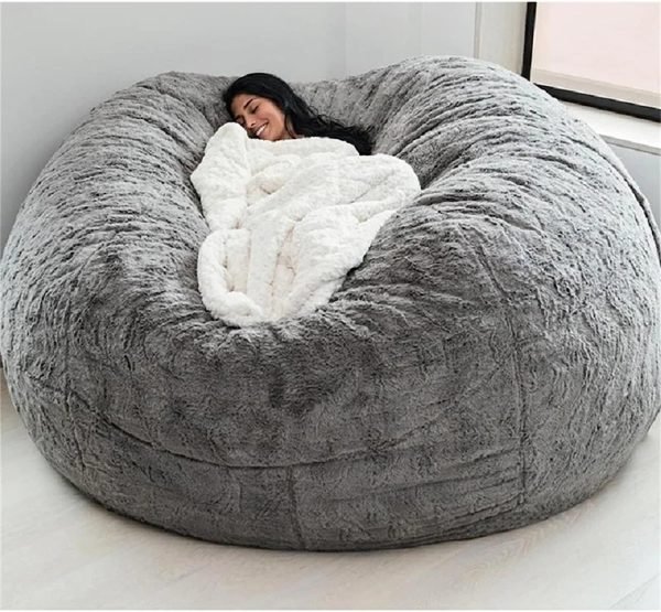 Giant Fur Bean Bag Chair Cover for Kids Adults, (No Filler) Living Room Furniture Big Round Soft Fluffy Faux Fur Beanbag Lazy Sofa Bed Cover (Light Grey, 5FT)