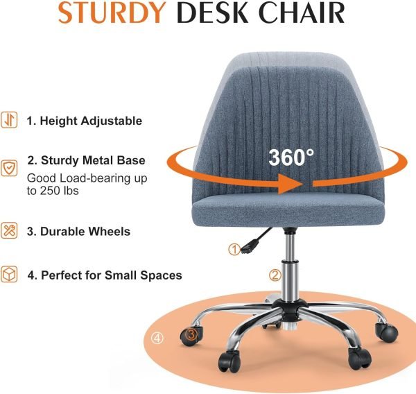 Sweetcrispy Armless Office Chair Cute Desk Chair, Modern Fabric Home Office Desk Chairs with Wheels Adjustable Swivel Task Computer Vanity Chair for Small Spaces